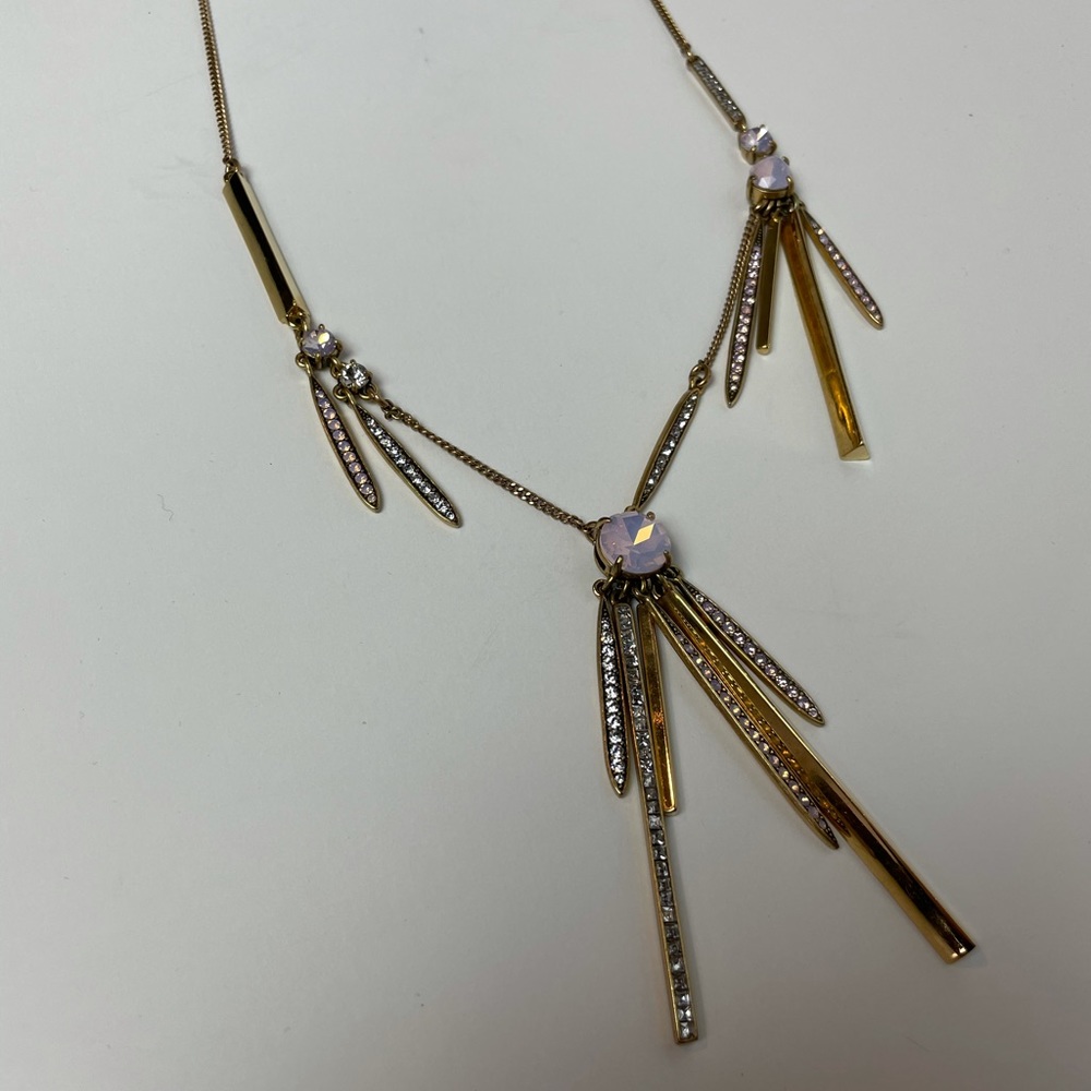 J. Crew Pink and Crystal Long Gold Tassel Necklace
